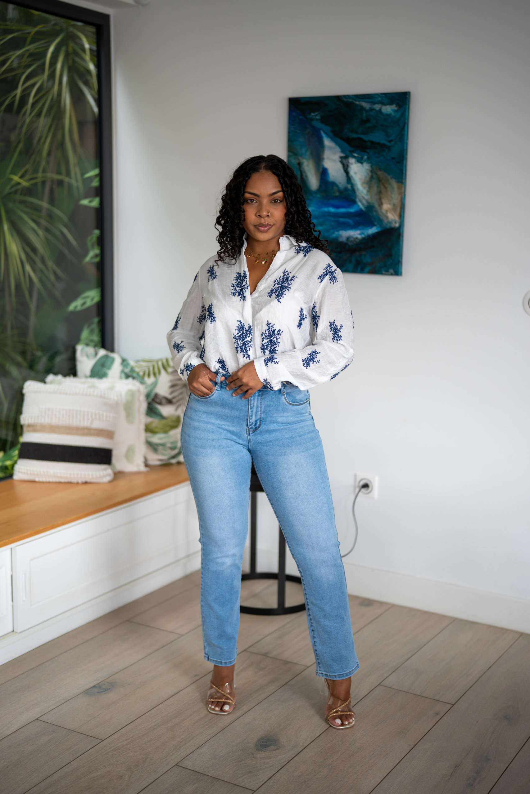 Chemise brod&eacute;e &agrave; motifs, Marine, L/XL