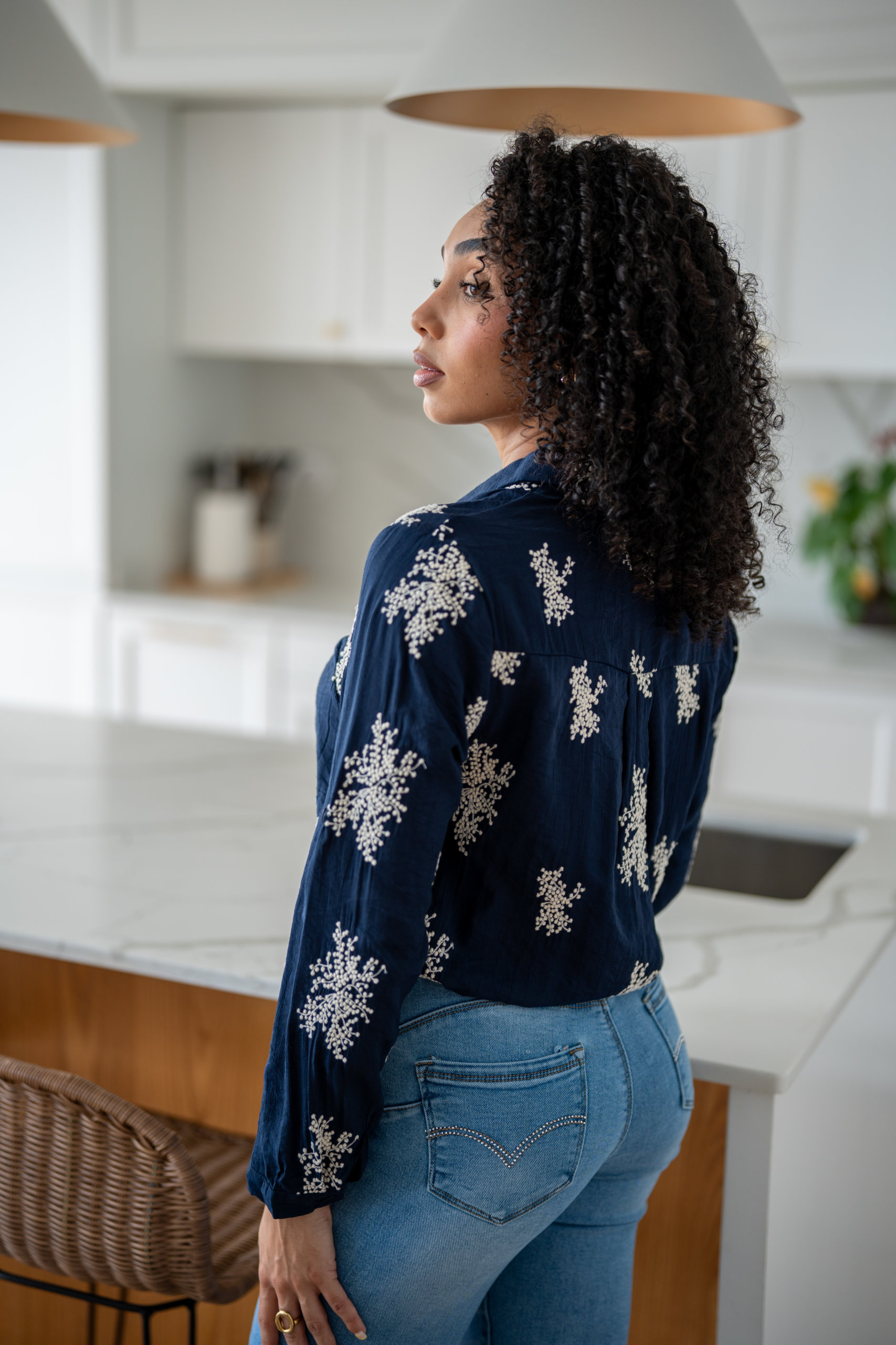 Chemise brod&eacute;e &agrave; motifs, Marine, L/XL