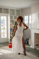 Robe moulante à broche feuille doré, Blanc, L