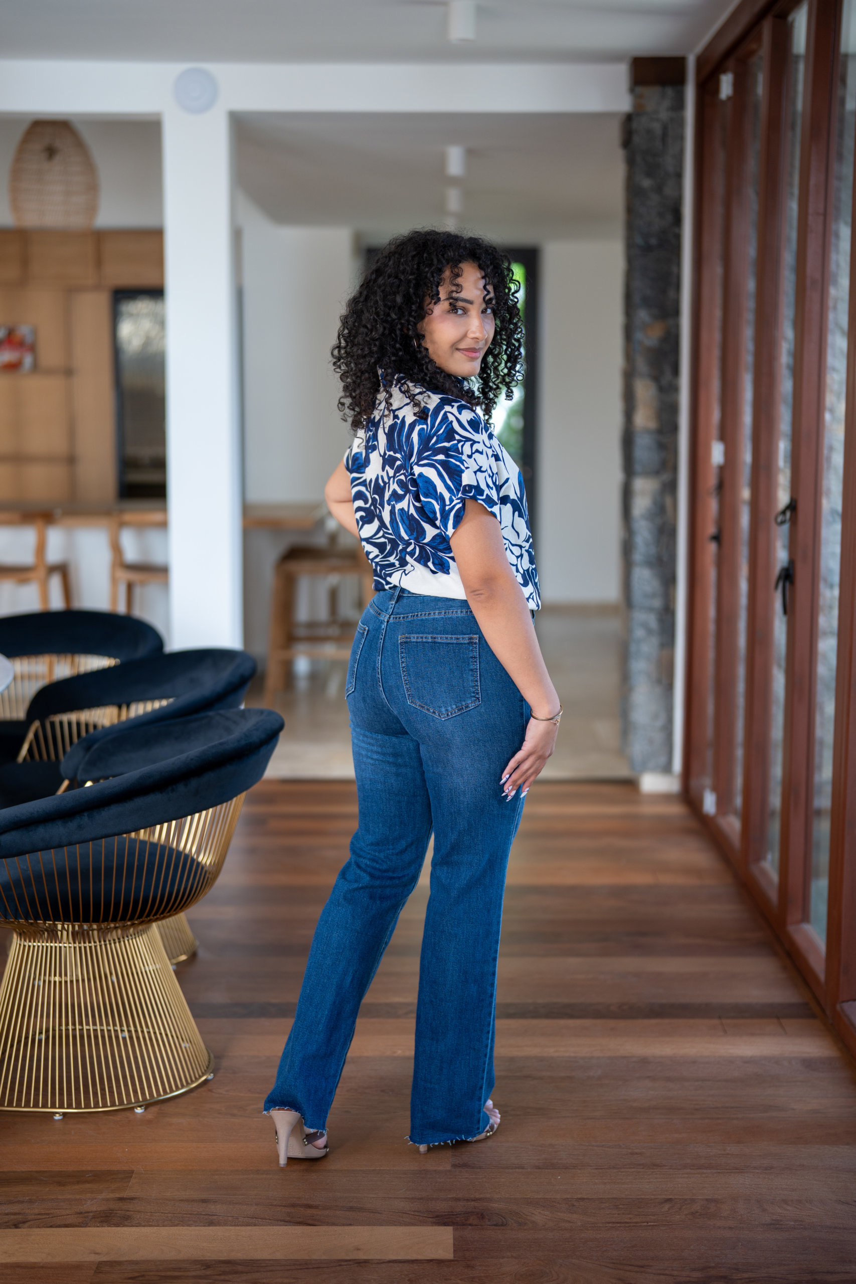 Chemisier imprim&eacute;e &agrave; fleurs, Marine, L/XL