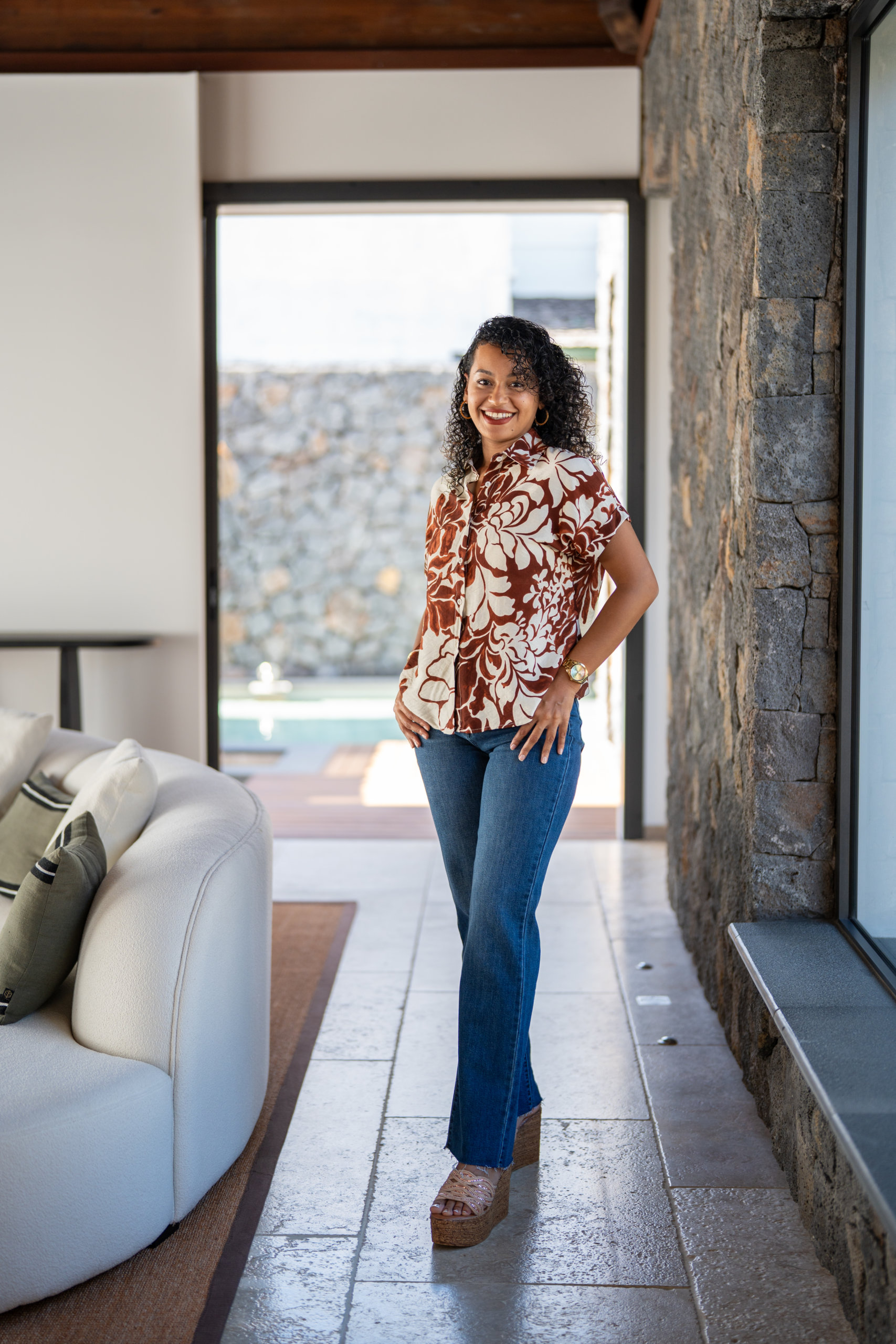 Chemisier imprim&eacute;e &agrave; fleurs, Marine, L/XL