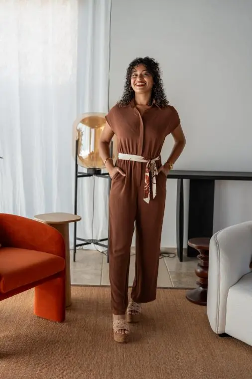 Combinaison unie avec ceinture imprimée , Chocolat, L/XL