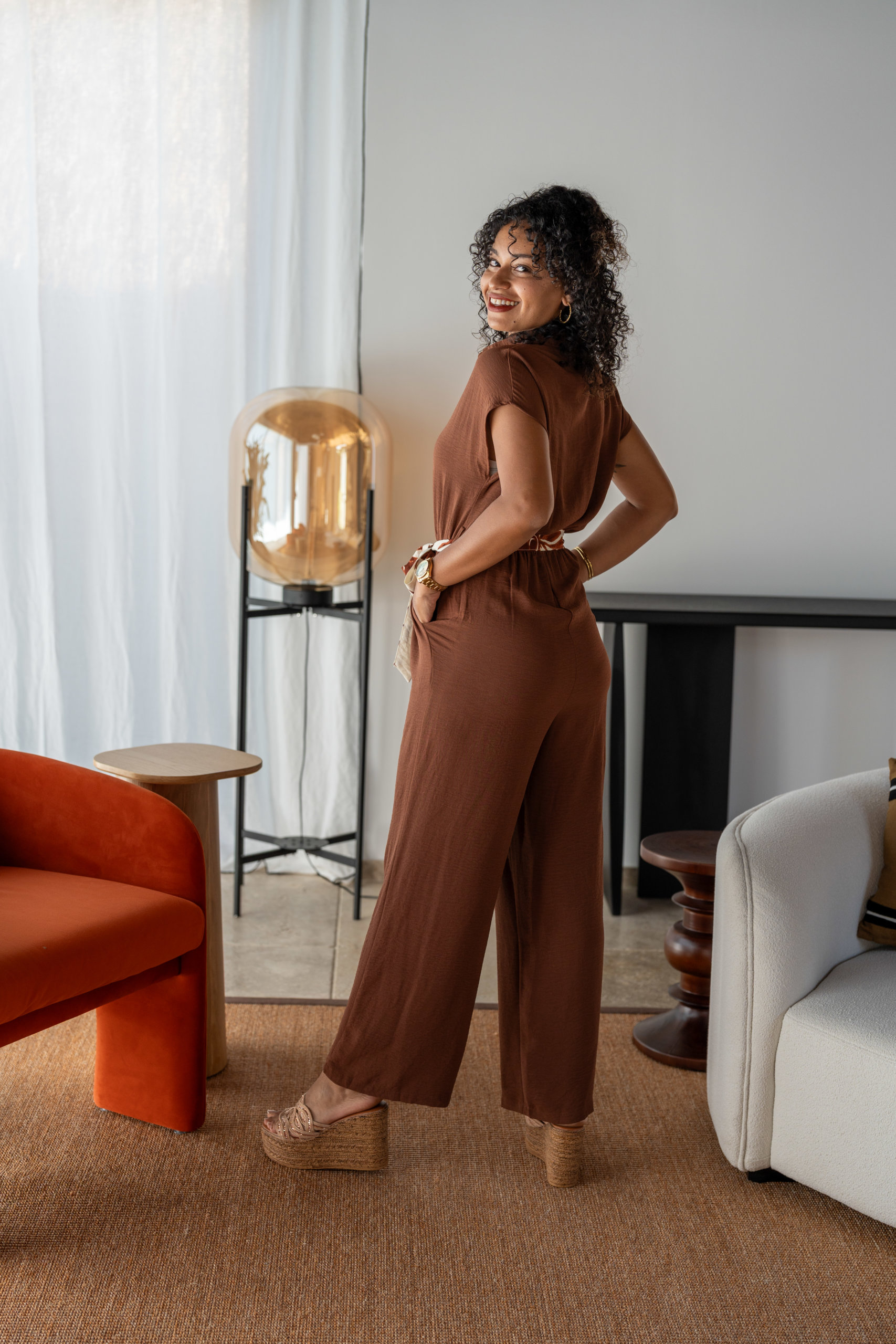 Combinaison unie avec ceinture imprim&eacute;e , Rouge, L/XL