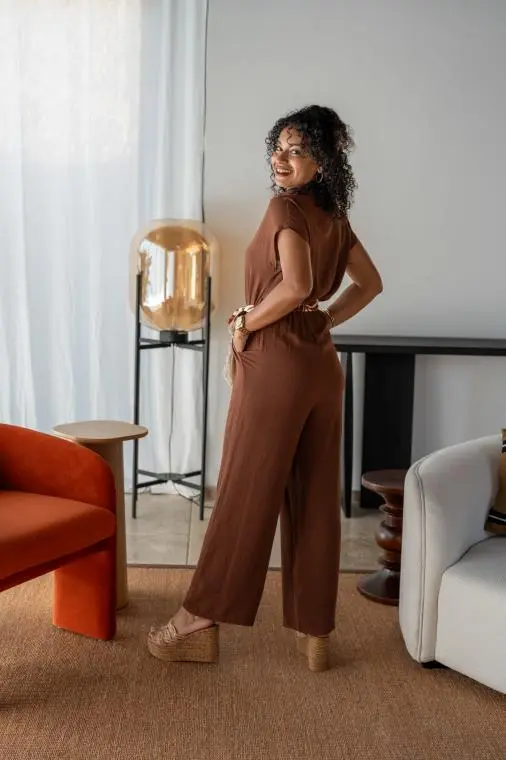 Combinaison unie avec ceinture imprimée , Chocolat, L/XL