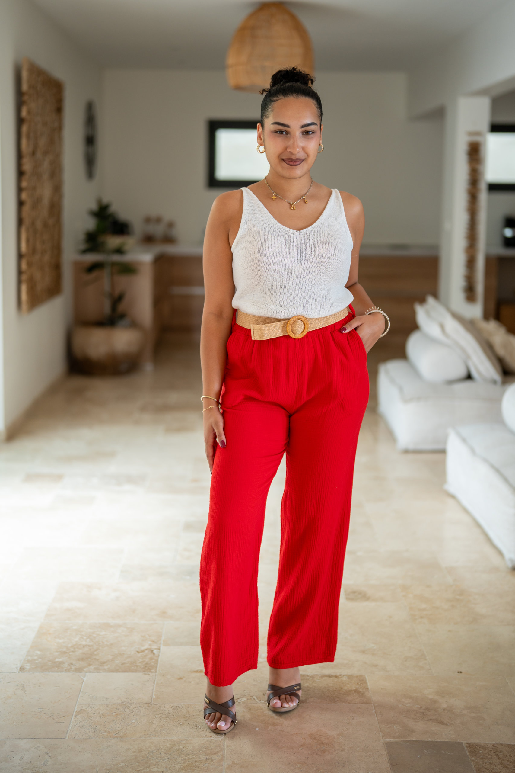 Pantalon gaze de coton avec ceinture