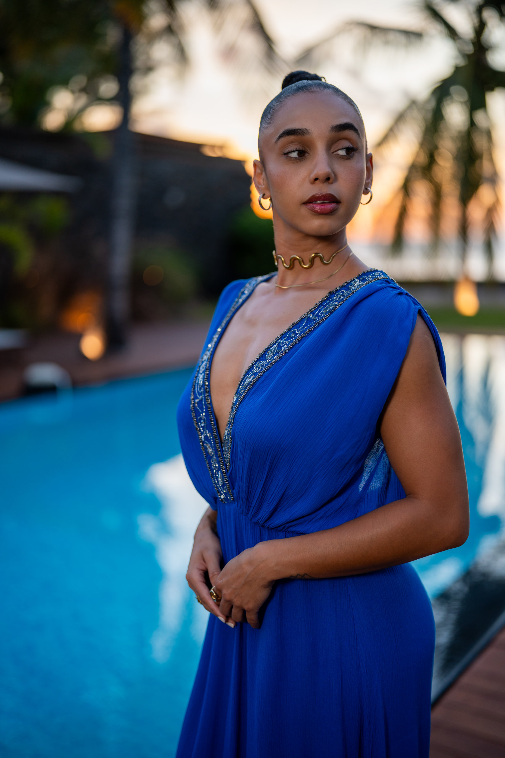 Robe longue habill&eacute;e, Bleu, L