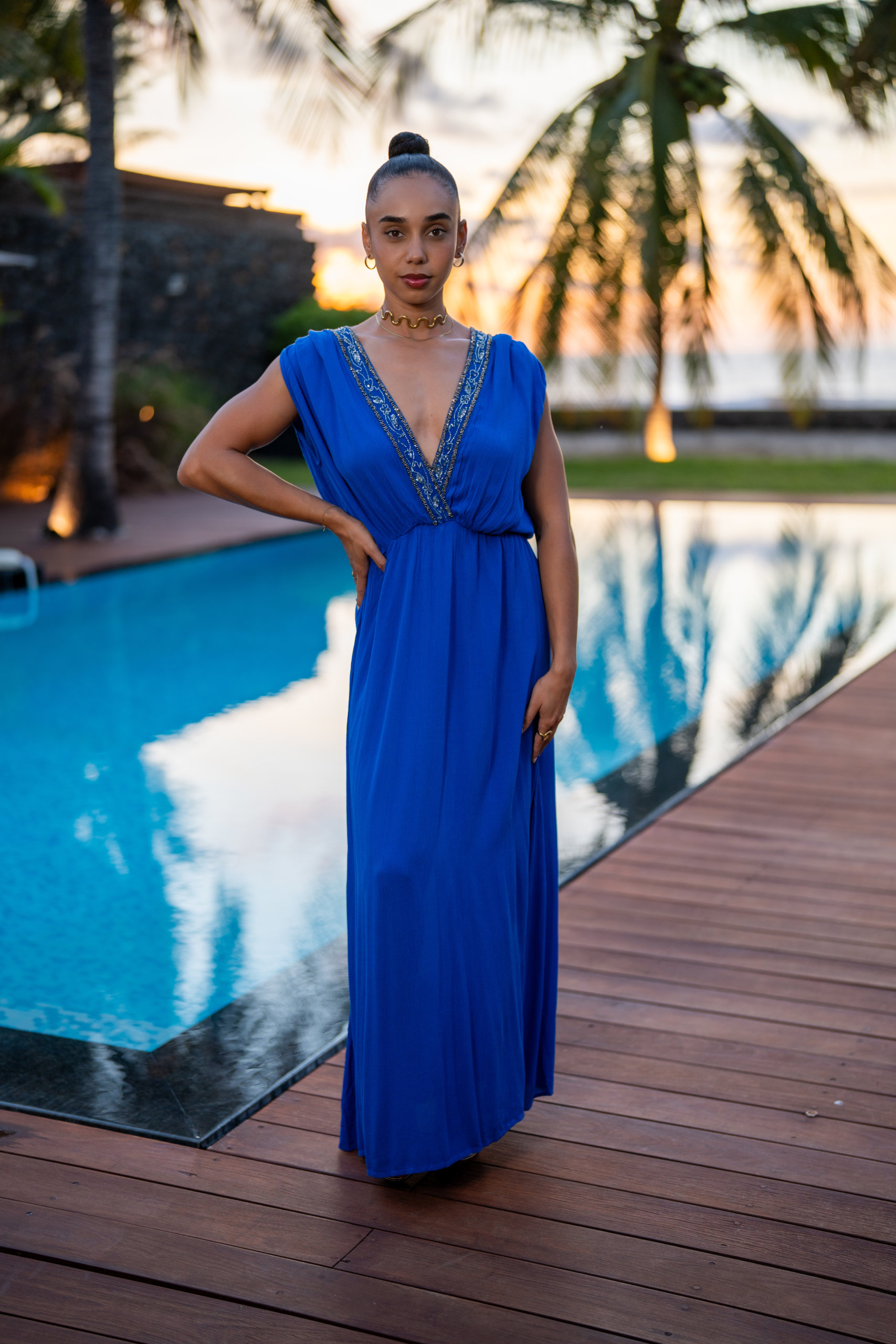 Robe longue habill&eacute;e, Bleu, L