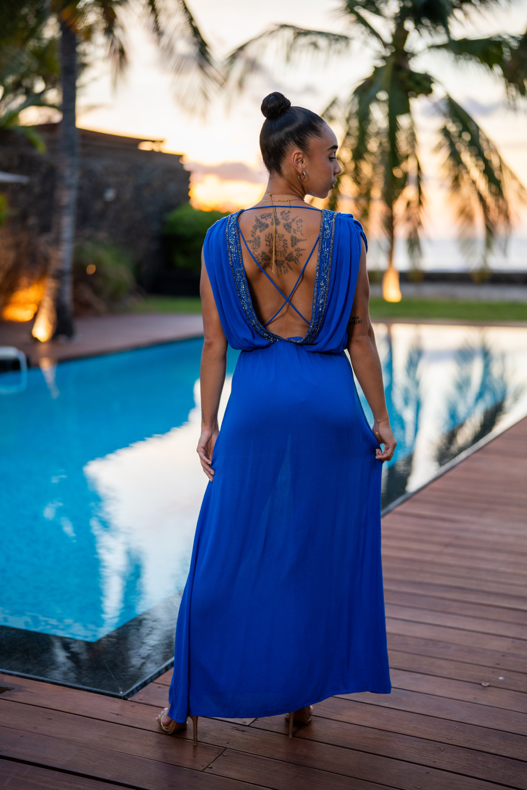 Robe longue habill&eacute;e, Bleu, L