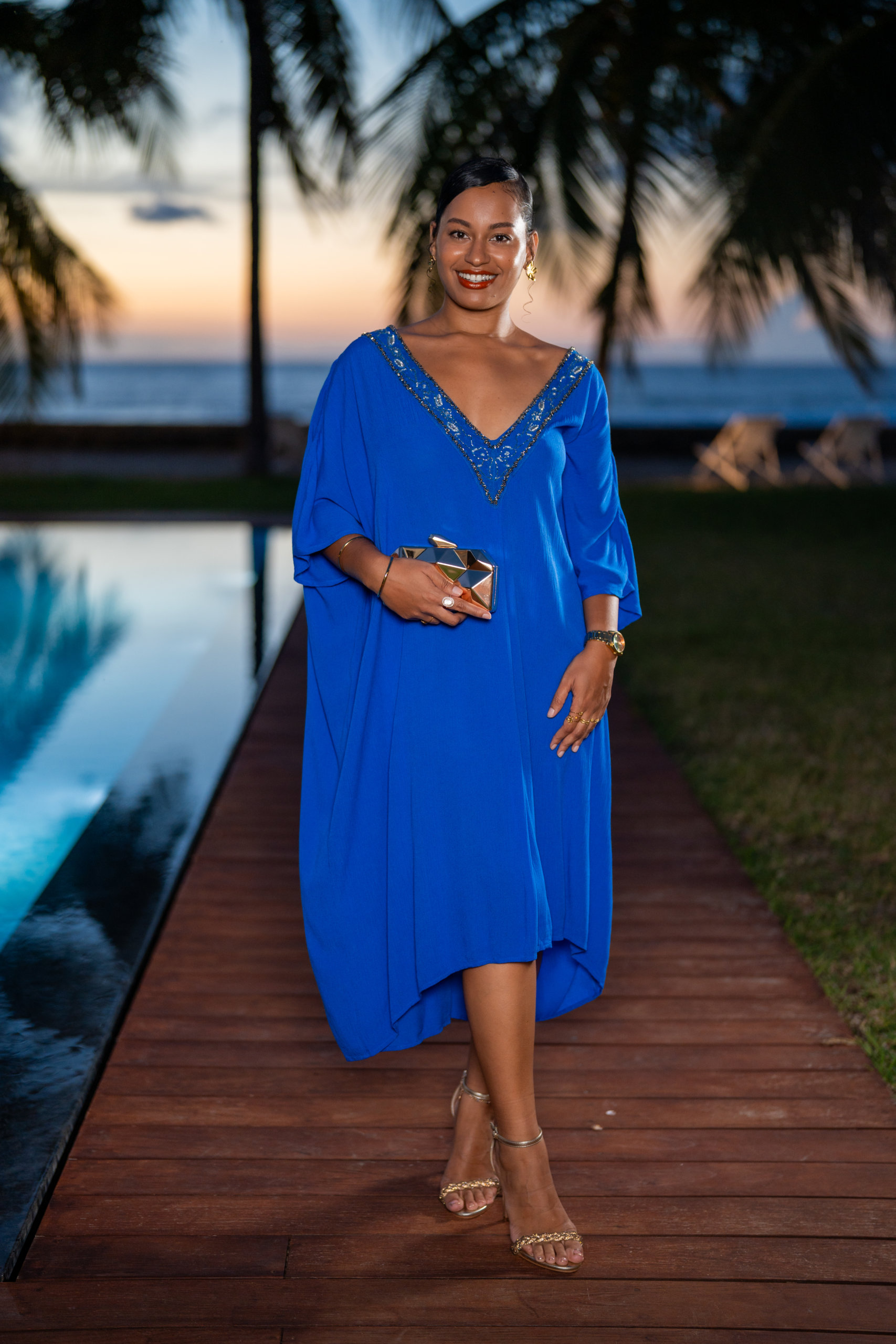 Robe courte style poncho, Bleu, L