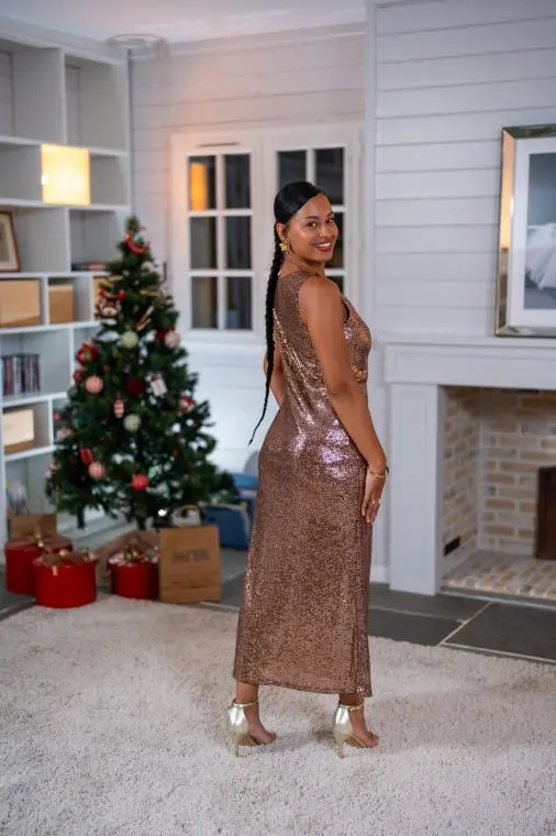 Robe longue à sequins (doublure), Noir, L/XL