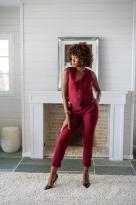 Pantalon tailleur uni (zip doré), Bordeaux, L