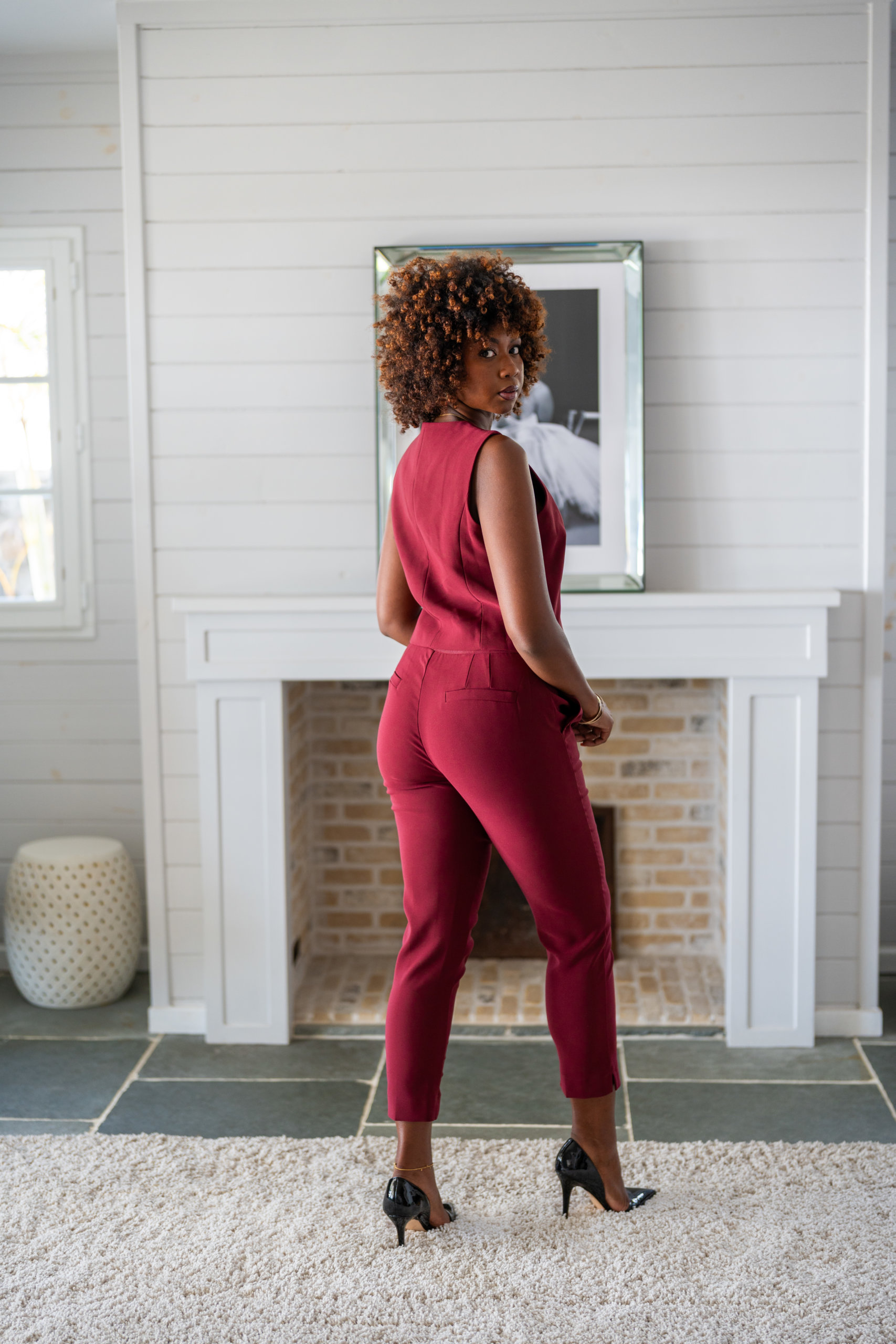 Pantalon tailleur uni (zip dor&eacute;), Bordeaux, L