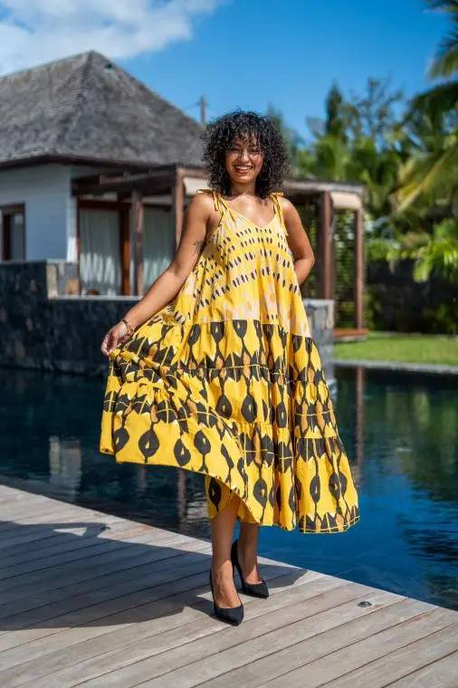 Robe imprimée , Moutarde, Taille unique