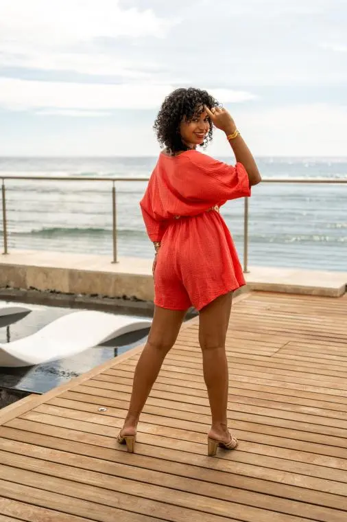 Combinaison short unie, Corail, Taille unique