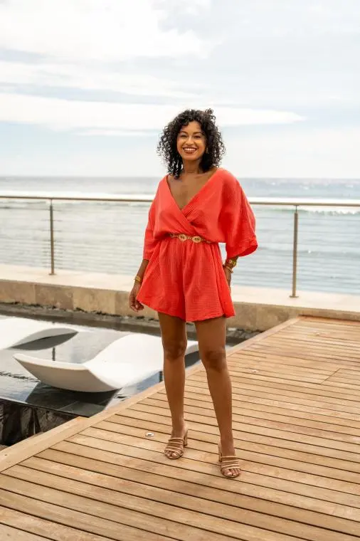 Combinaison short unie, Corail, Taille unique