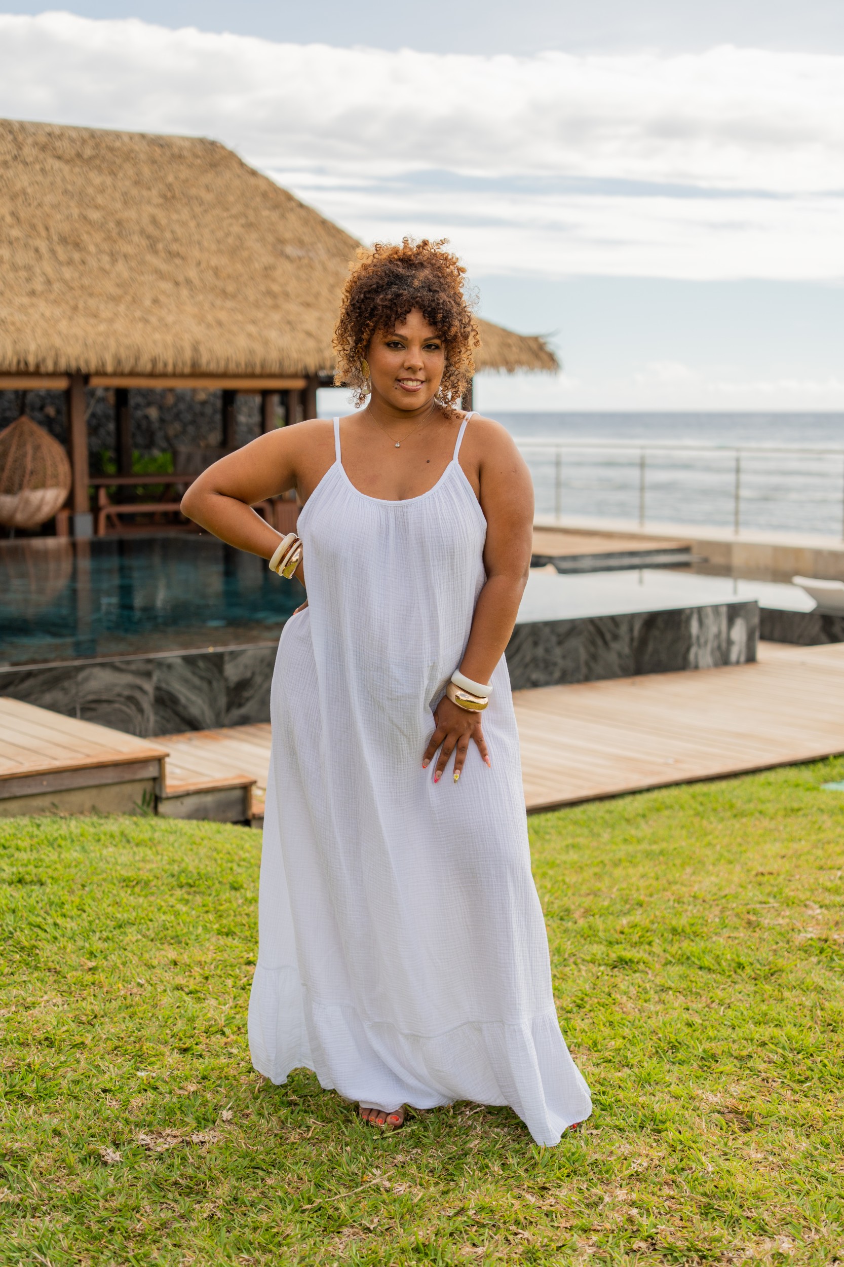 Robe longue &agrave; bretelles, Blanc, Taille unique