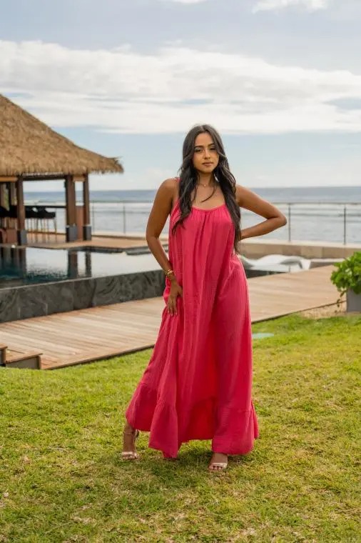 Robe longue à bretelles, Corail, Taille unique