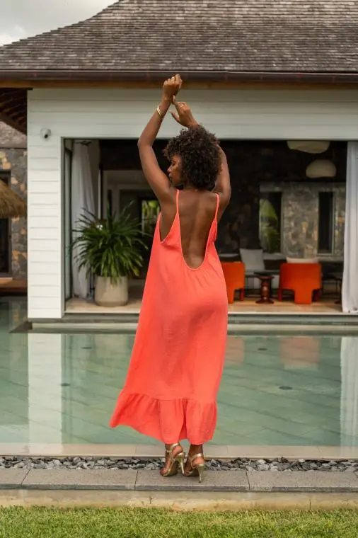 Robe longue à bretelles, Corail, Taille unique