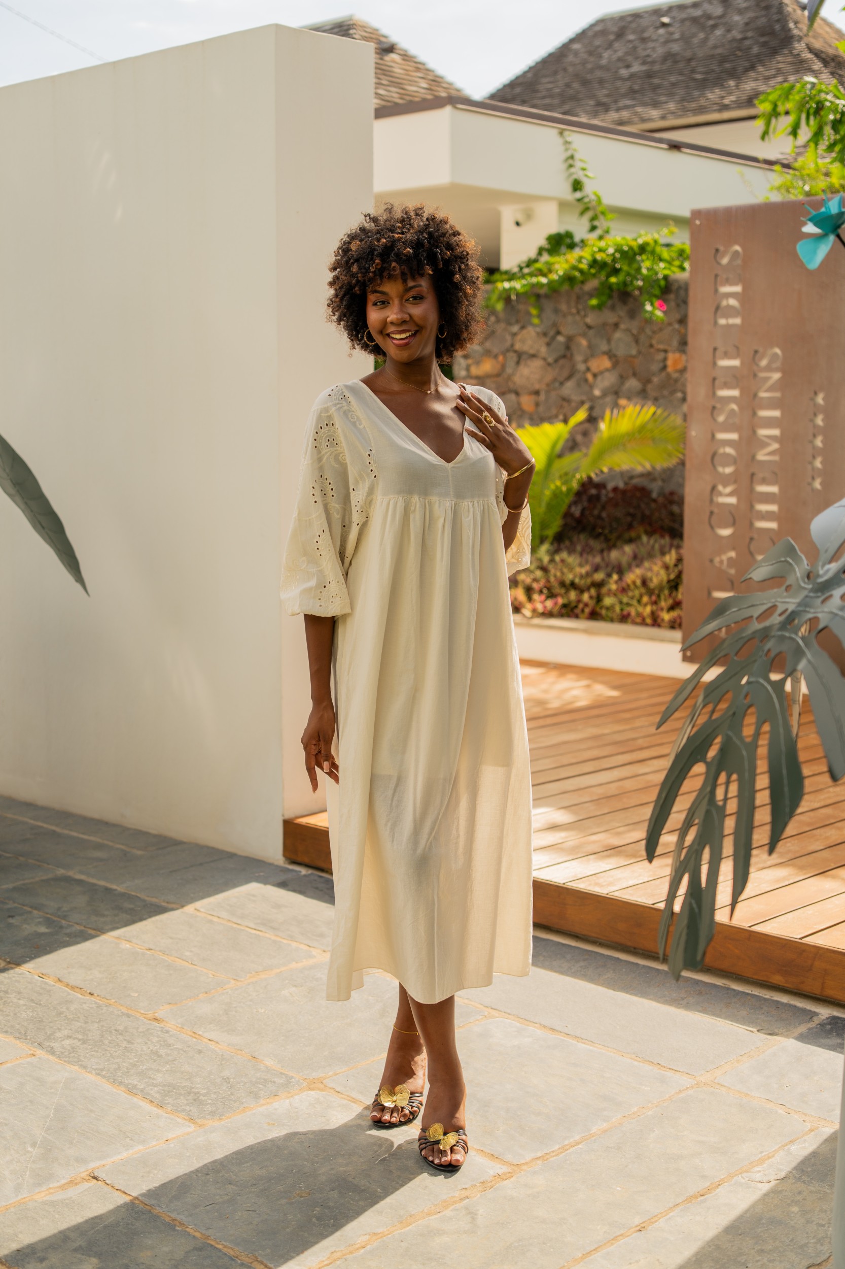 Robe longue brod&eacute;e, &Eacute;cru, Taille unique