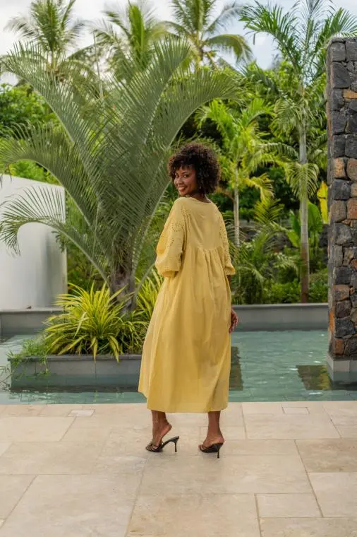 Robe longue brodée, Écru, Taille unique