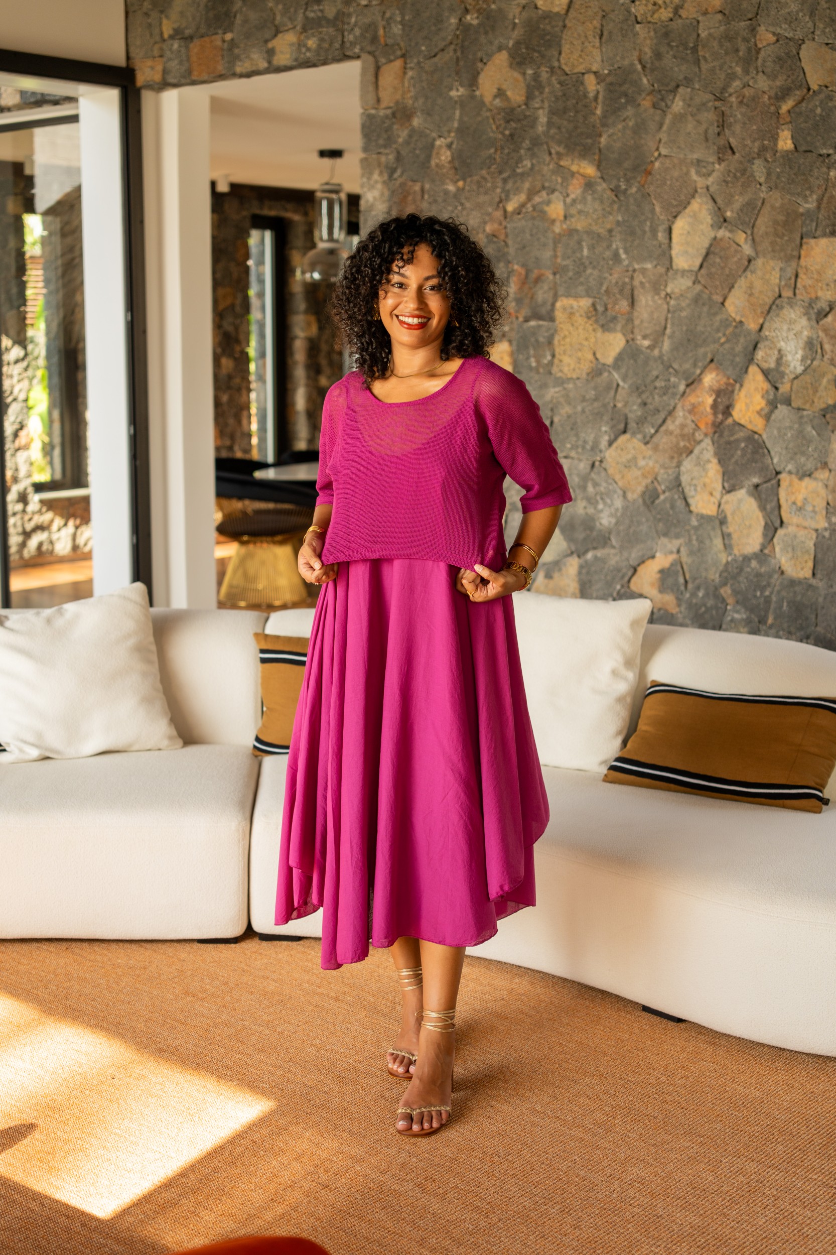 Robes mi longue avec haut en maille, &Eacute;cru, Taille unique