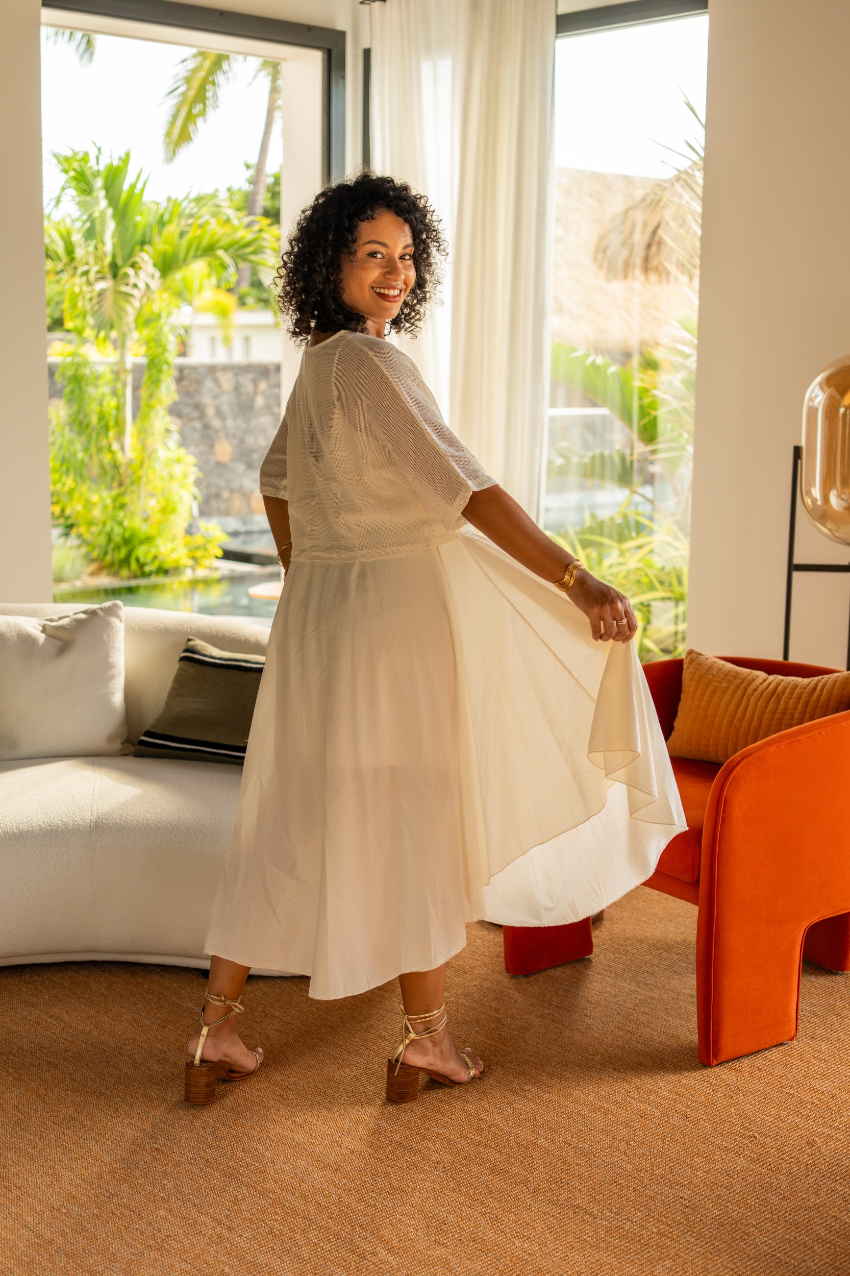 Robes mi longue avec haut en maille, &Eacute;cru, Taille unique