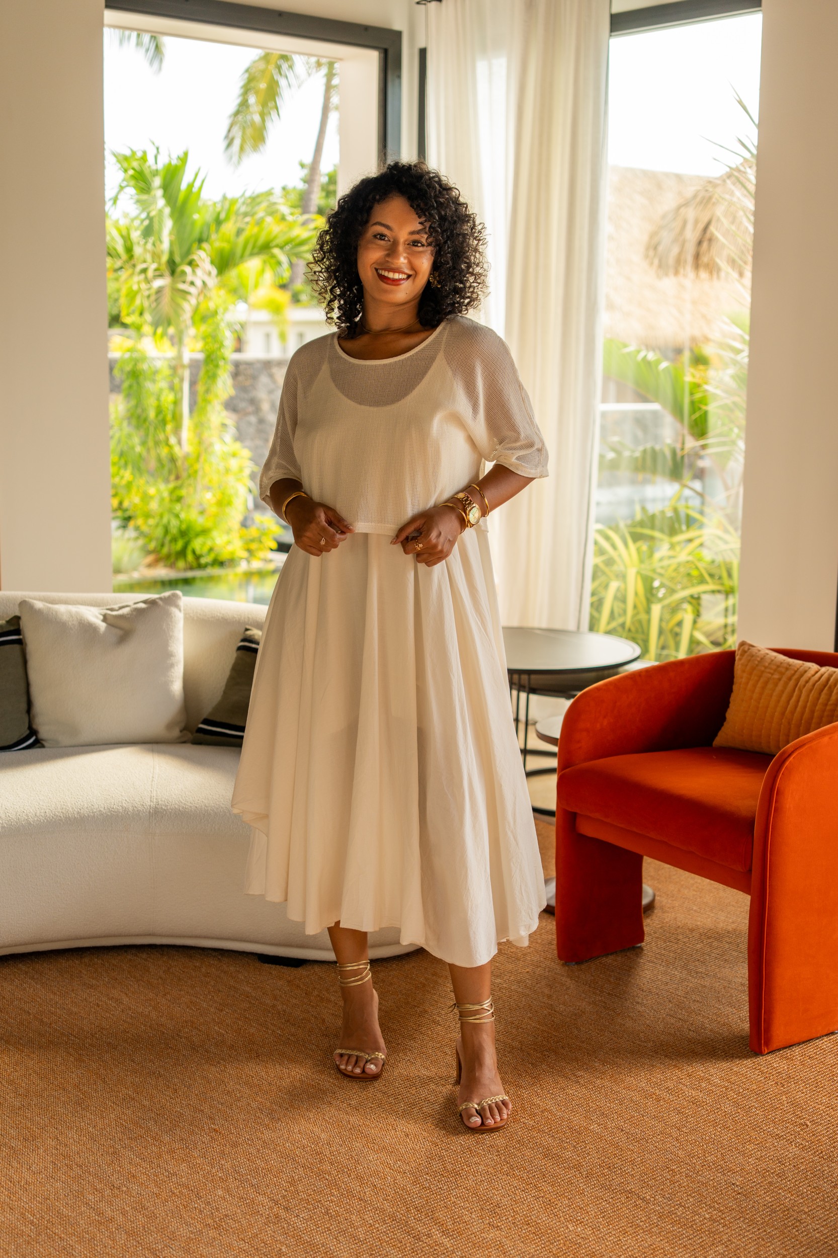 Robes mi longue avec haut en maille, &Eacute;cru, Taille unique