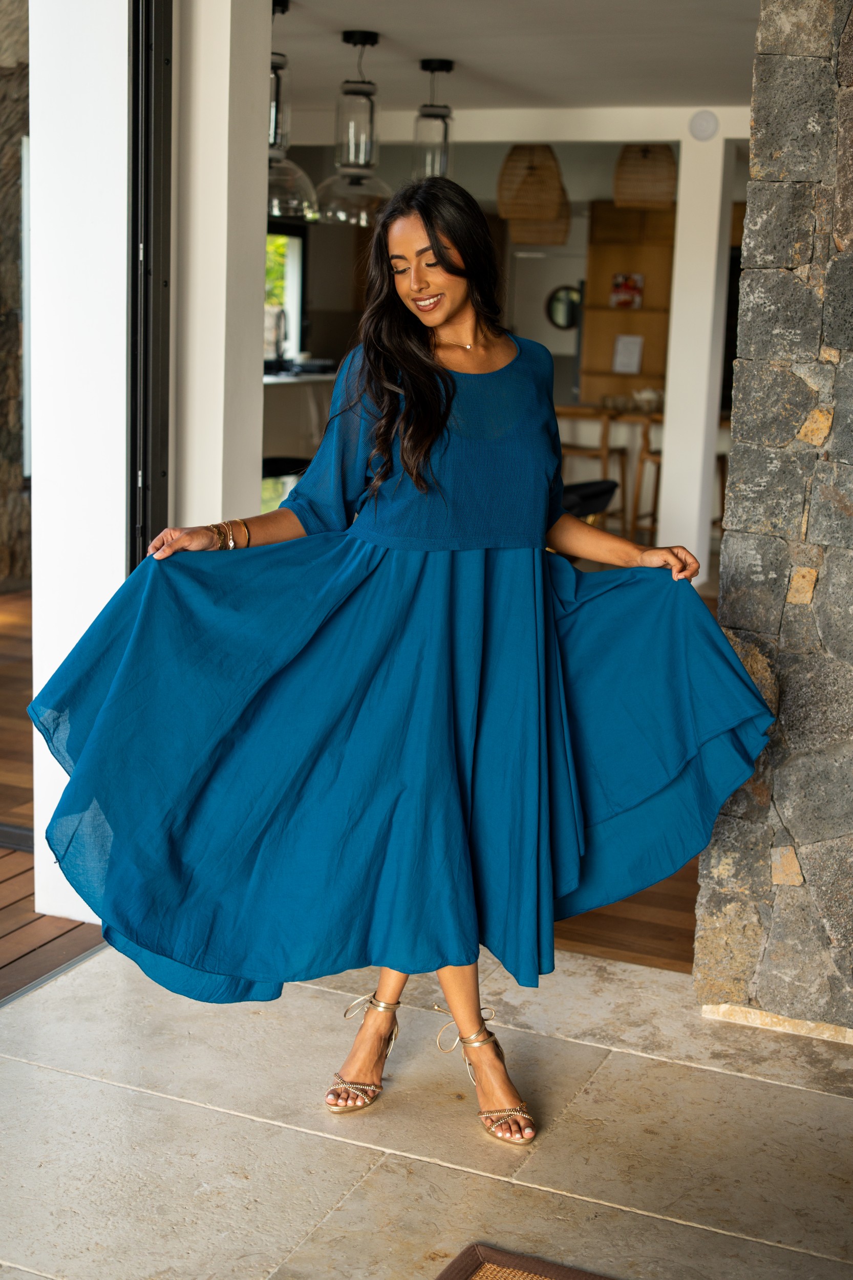 Robes mi longue avec haut en maille, &Eacute;cru, Taille unique