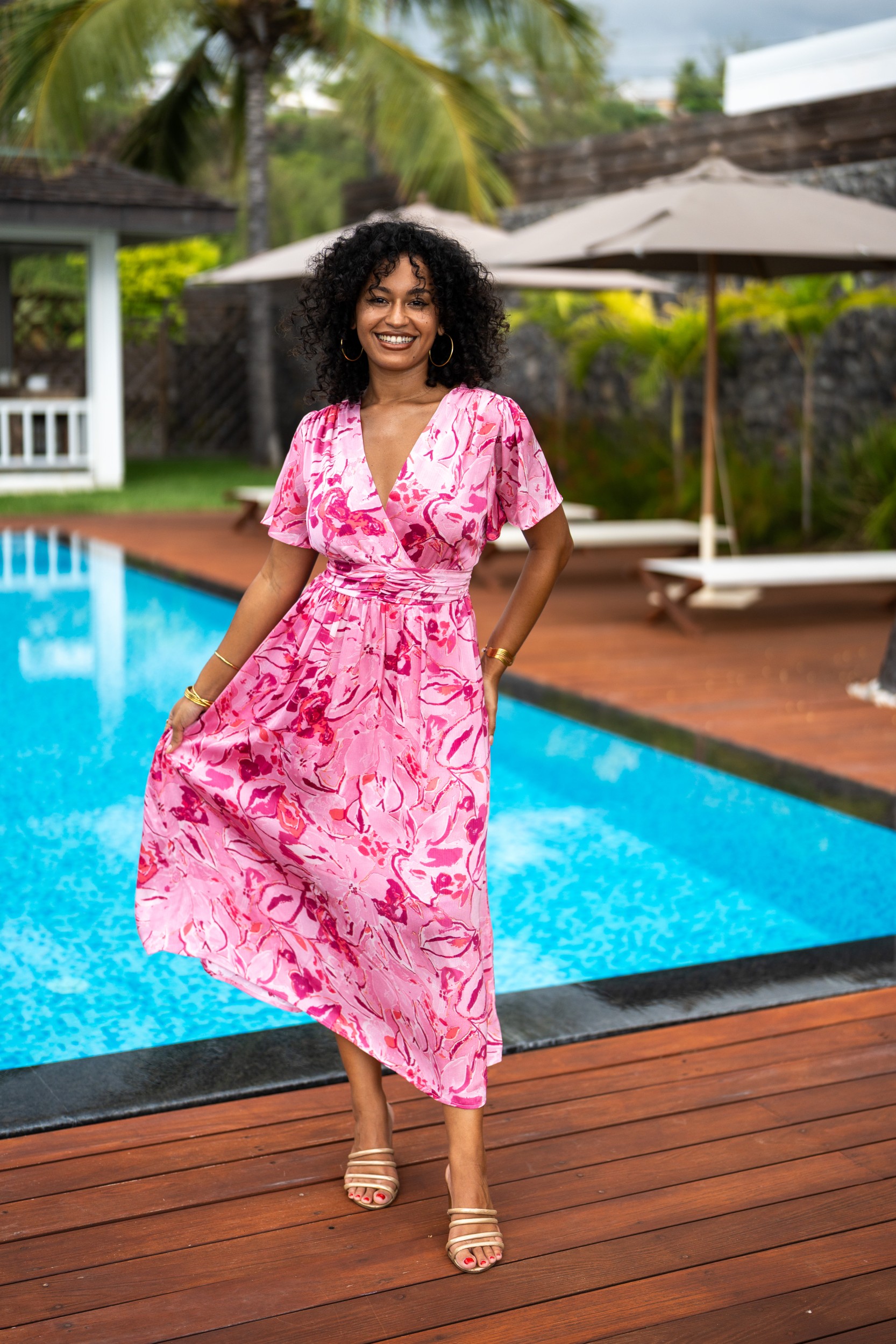 Robe longue imprim&eacute;e , Rose, L/XL