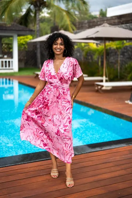 Robe longue imprimée , Rose, L/XL