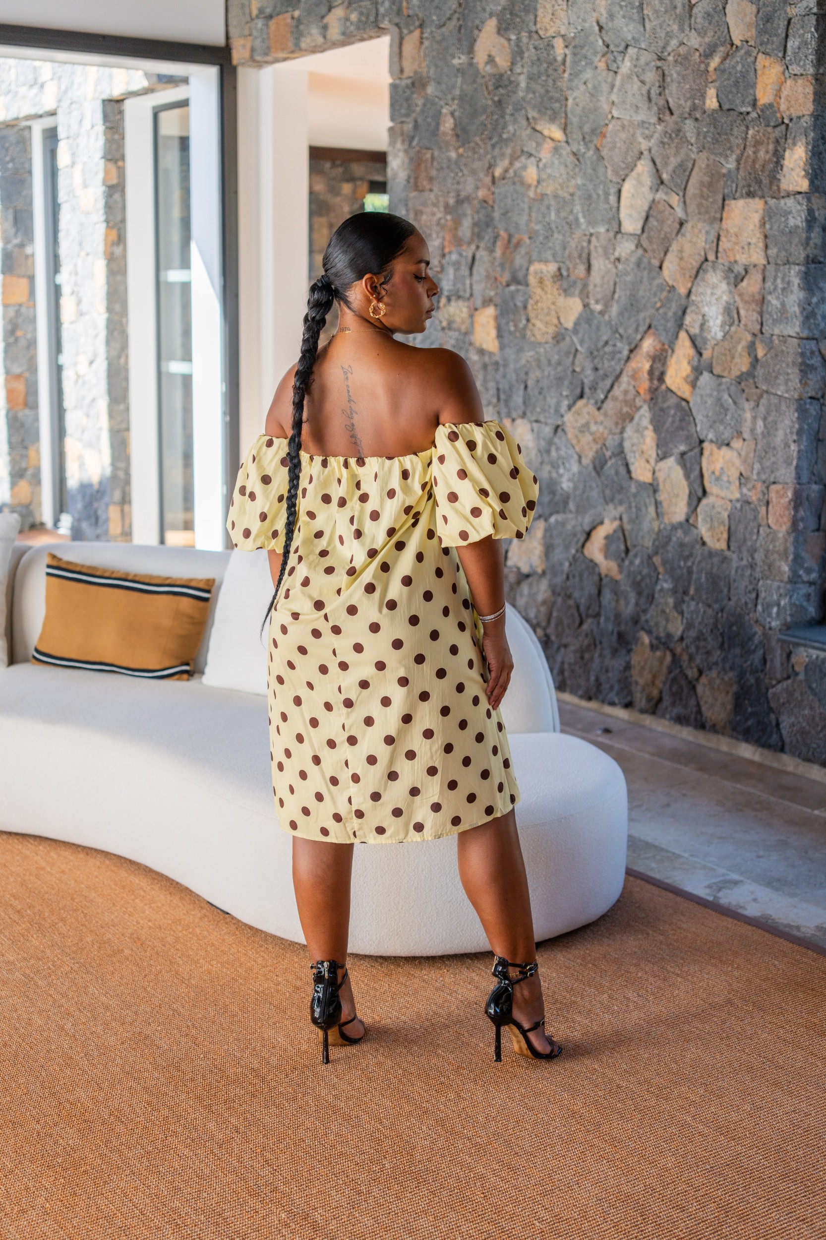 Robe courte manche bouffante &agrave; pois, Blanc, Taille unique
