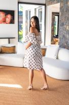 Robe courte manche bouffante à pois, Blanc, Taille unique