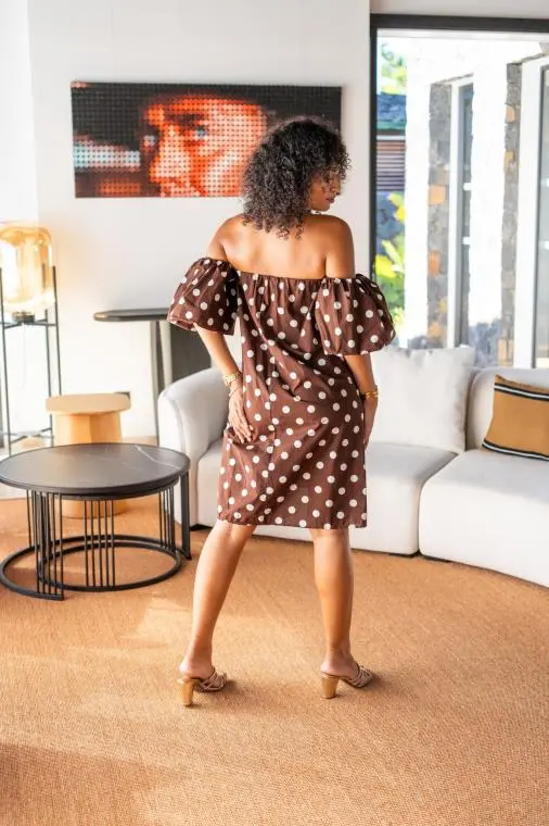 Robe courte manche bouffante à pois, Blanc, Taille unique