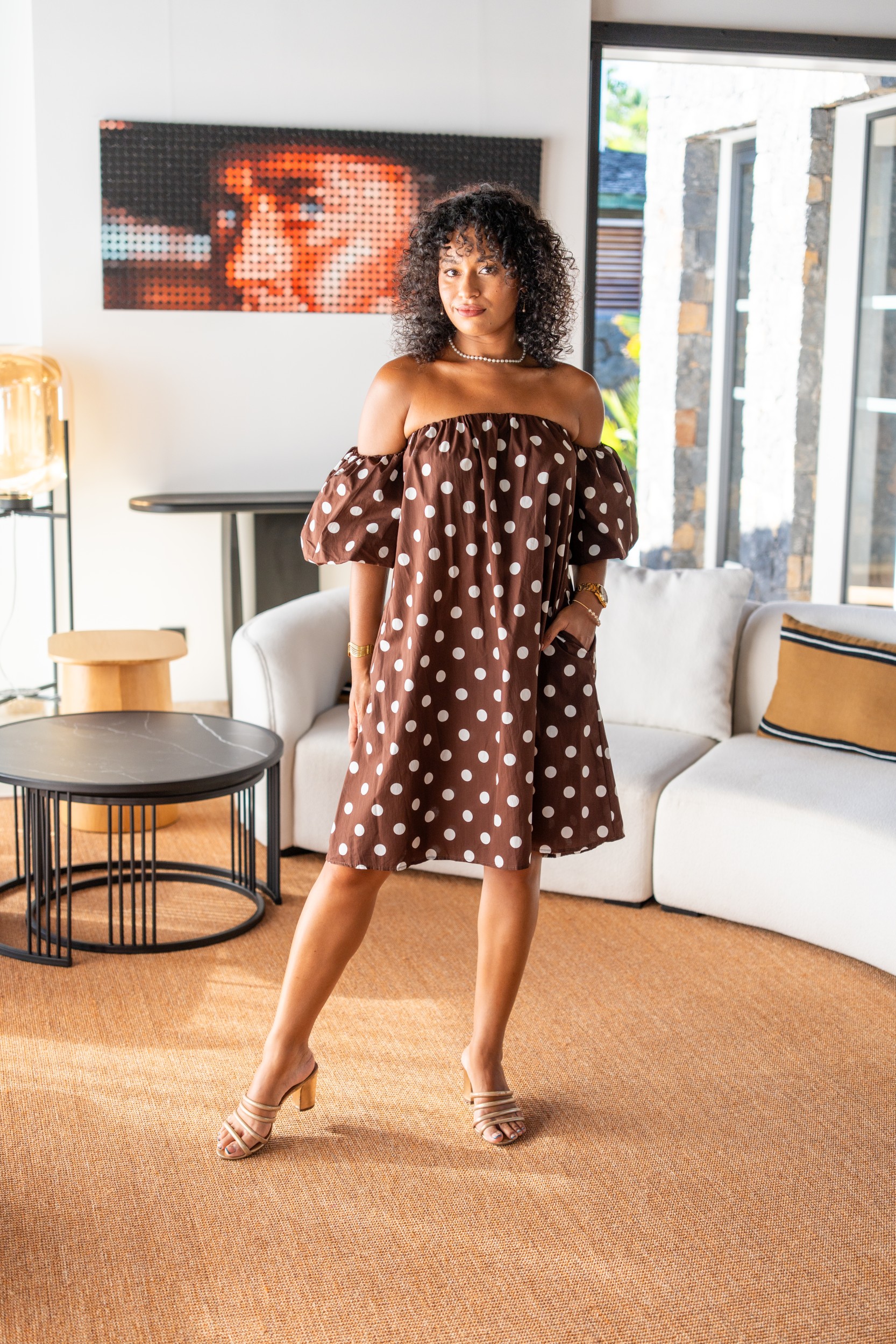 Robe courte manche bouffante &agrave; pois, Blanc, Taille unique