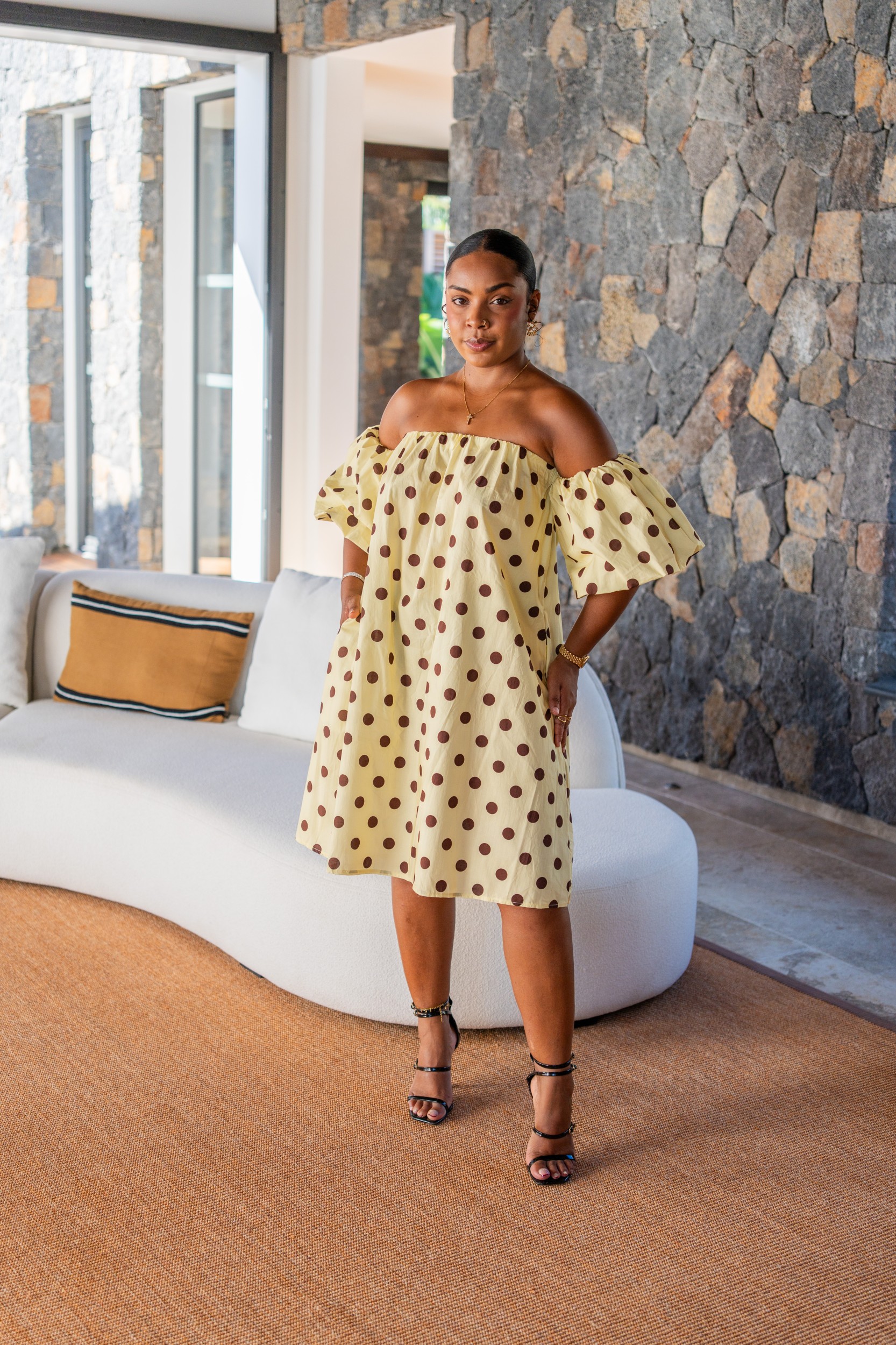 Robe courte manche bouffante &agrave; pois, Blanc, Taille unique