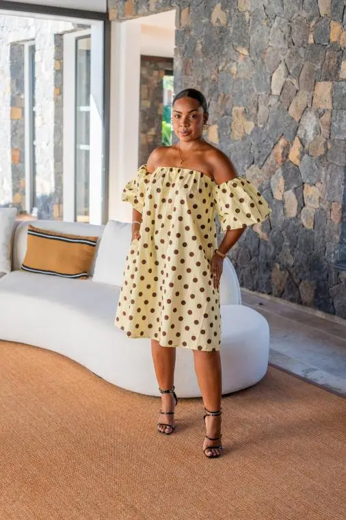 Robe courte manche bouffante à pois, Blanc, Taille unique