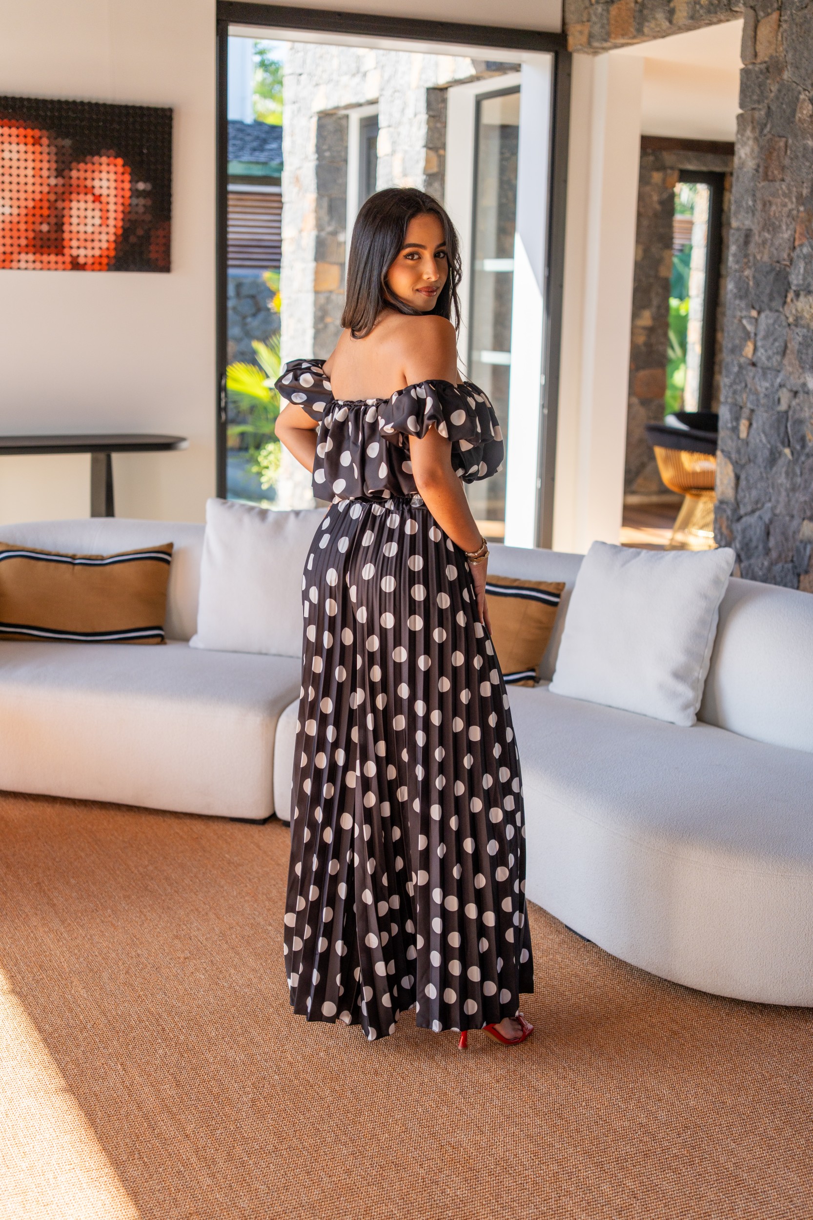 Ensemble pliss&eacute; &agrave; pois , Blanc, Taille unique