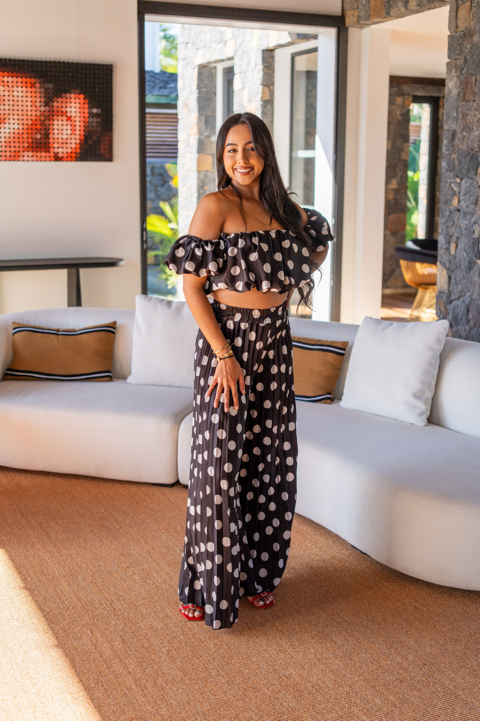 Ensemble pliss&eacute; &agrave; pois , Blanc, Taille unique