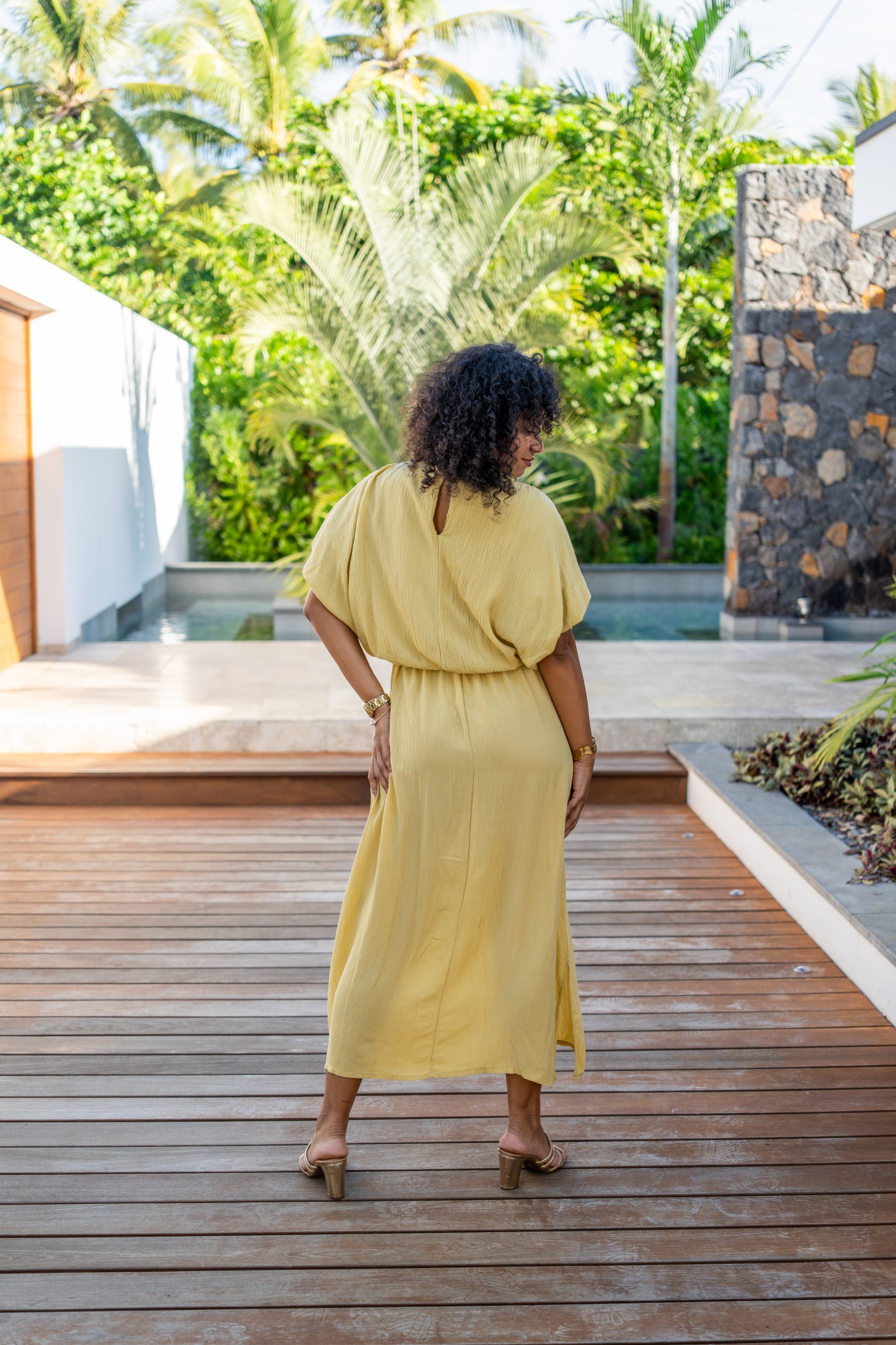 Robe longue cr&eacute;pon , Jaune, Taille unique