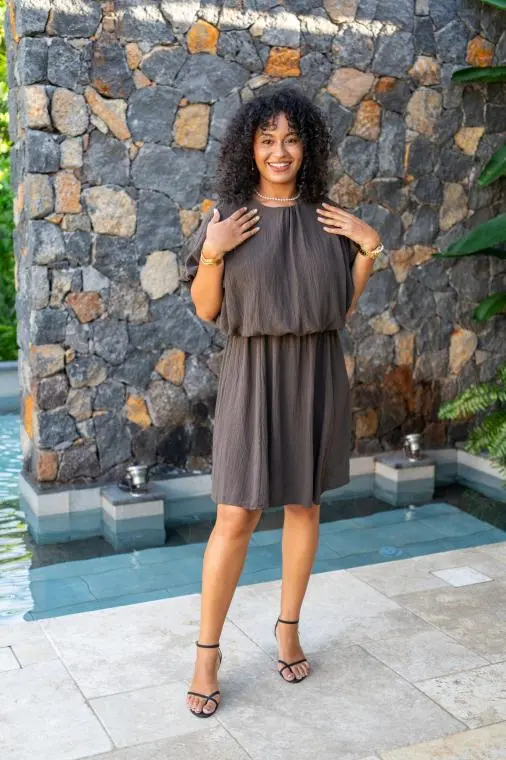 Robe courte crépon, Vert, Taille unique