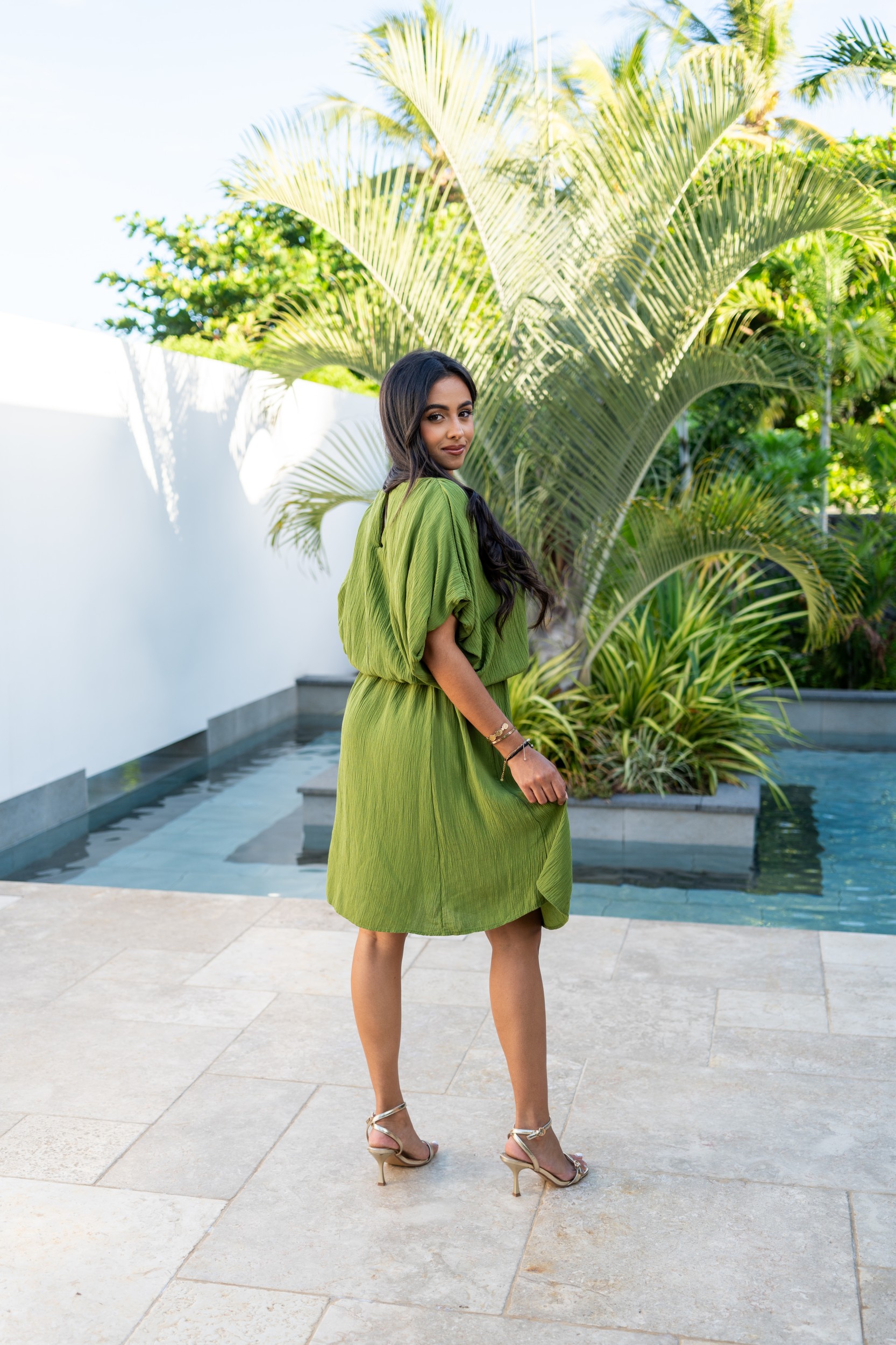 Robe courte cr&eacute;pon, Vert, Taille unique