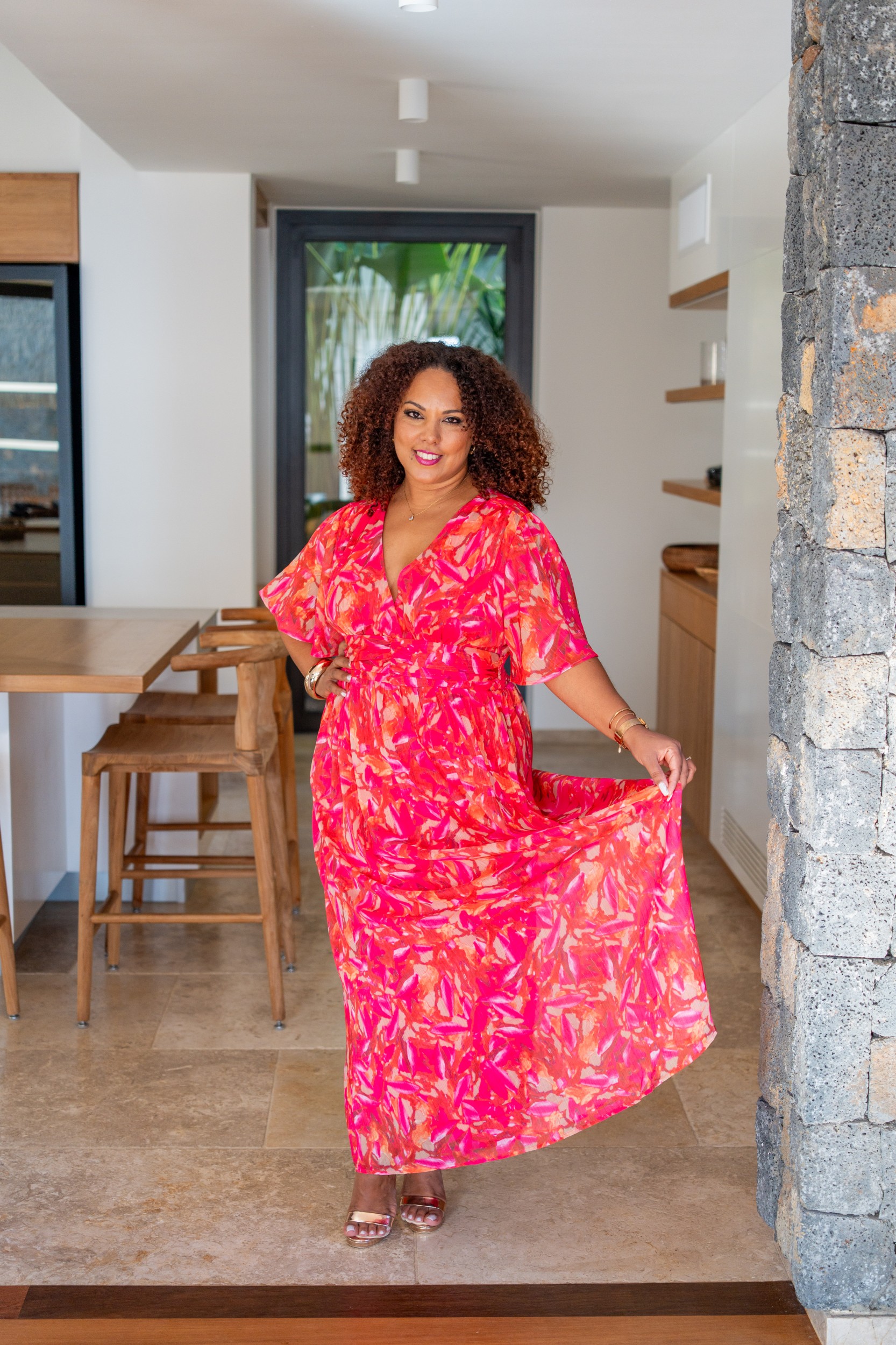 Robe longue motif fleuri (doublure), Fushia, L/XL