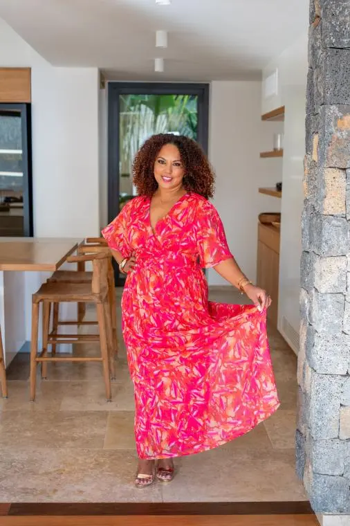Robe longue motif fleuri (doublure), Fushia, L/XL