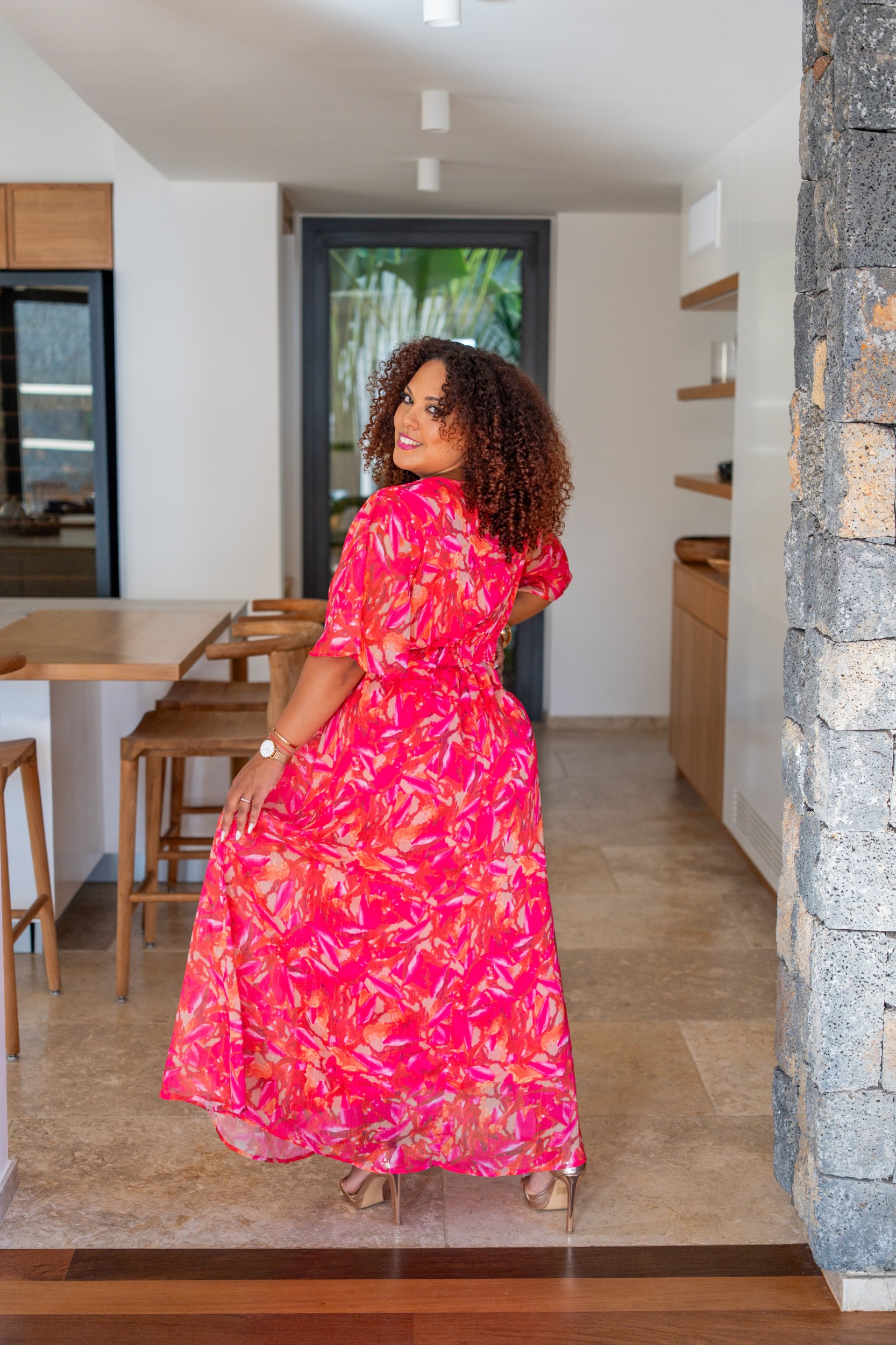 Robe longue motif fleuri (doublure), Fushia, L/XL