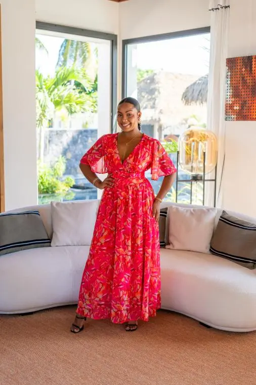 Robe longue motif fleuri (doublure), Fushia, L/XL