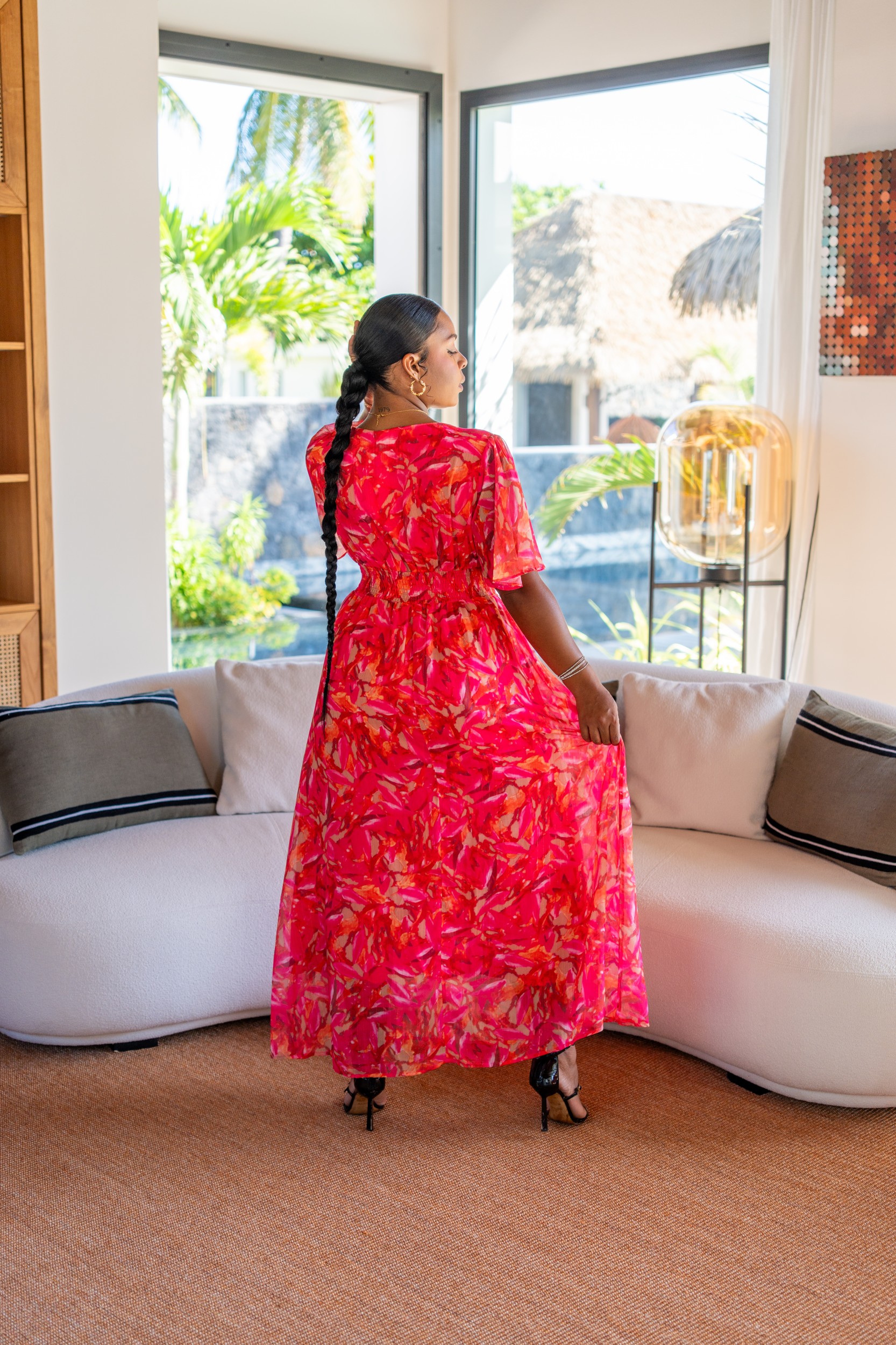 Robe longue motif fleuri (doublure), Fushia, L/XL