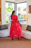 Robe longue motif fleuri (doublure), Fushia, L/XL