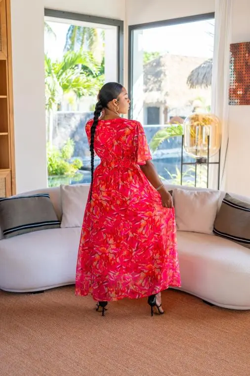 Robe longue motif fleuri (doublure), Fushia, L/XL