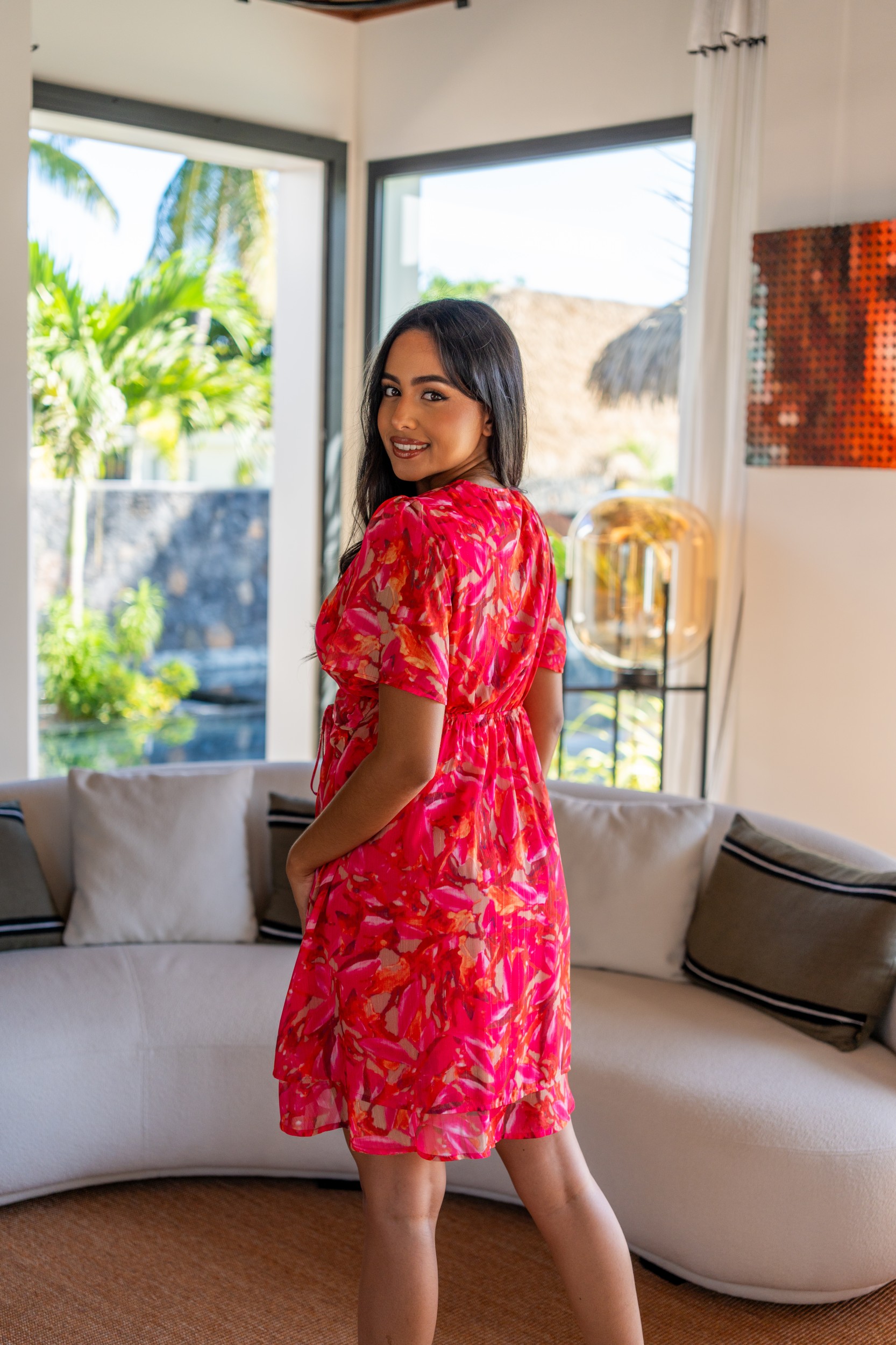 Robe courte motif fleuri (doublure), Fushia, L/XL