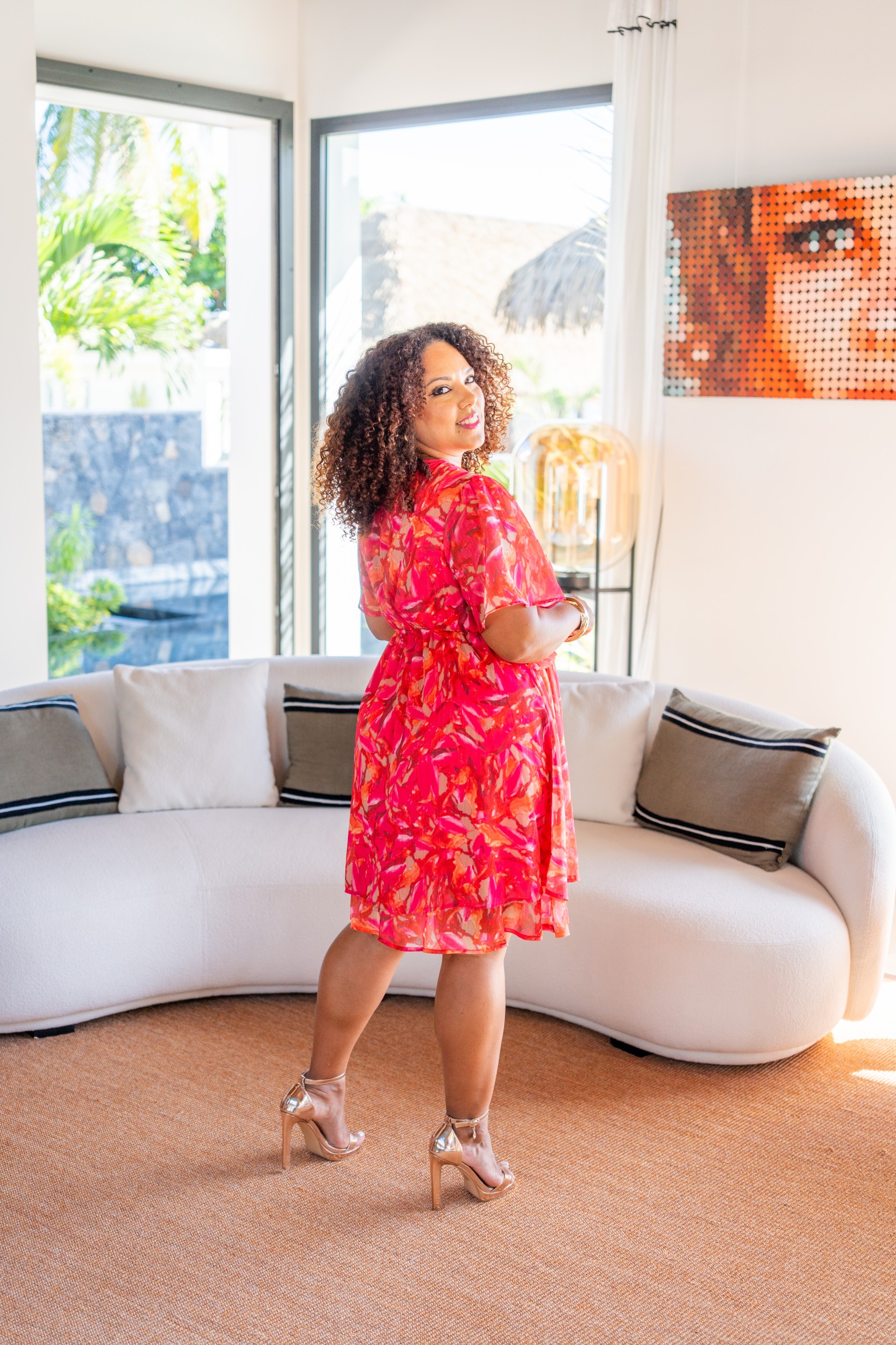 Robe courte motif fleuri (doublure), Fushia, L/XL